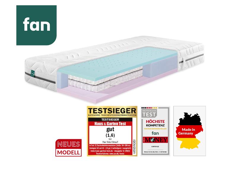 Een doorsnede van een matras met meerdere lagen, met een pocketveringkern, schuimlagen en een witte gewatteerde hoes, samen met verschillende testzegels en een 'Made in Germany'-label.
