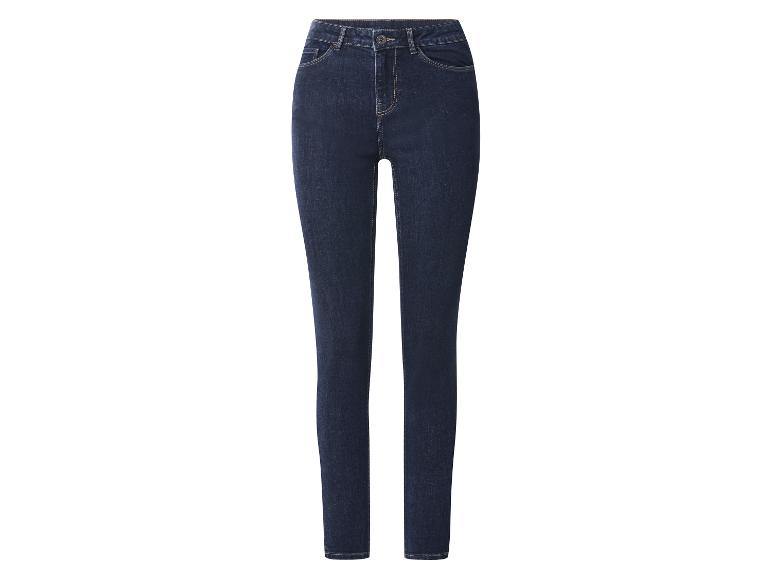 Donkerblauwe dames skinny jeans met knoop- en ritssluiting.