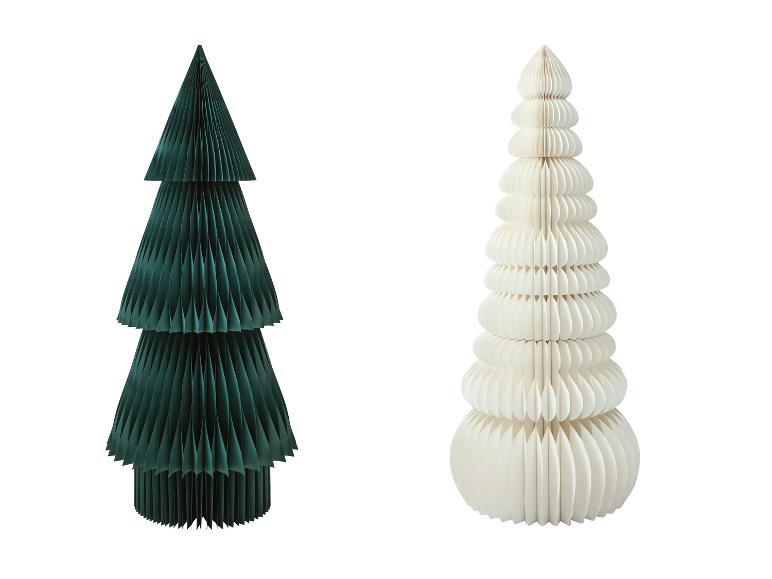 LIVARNO® Wabenpapier Weihnachtsbaum: Twee opvouwbare papieren kerstbomen, één groen en één wit.