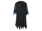 Een zwarte cape met capuchon en blauwe bliksemdetails.