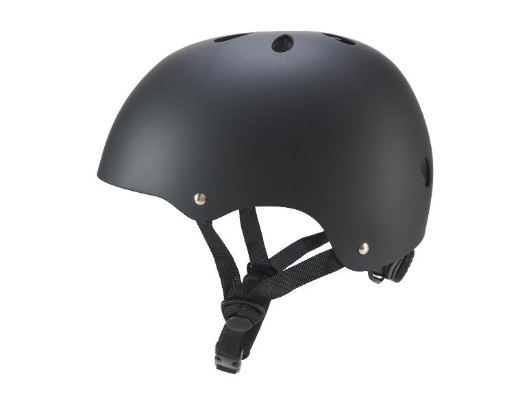 Zwarte beschermhelm met een matte afwerking en verstelbare banden.