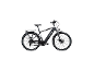 Grijze elektrische fiets met bagagedrager en spatborden.
