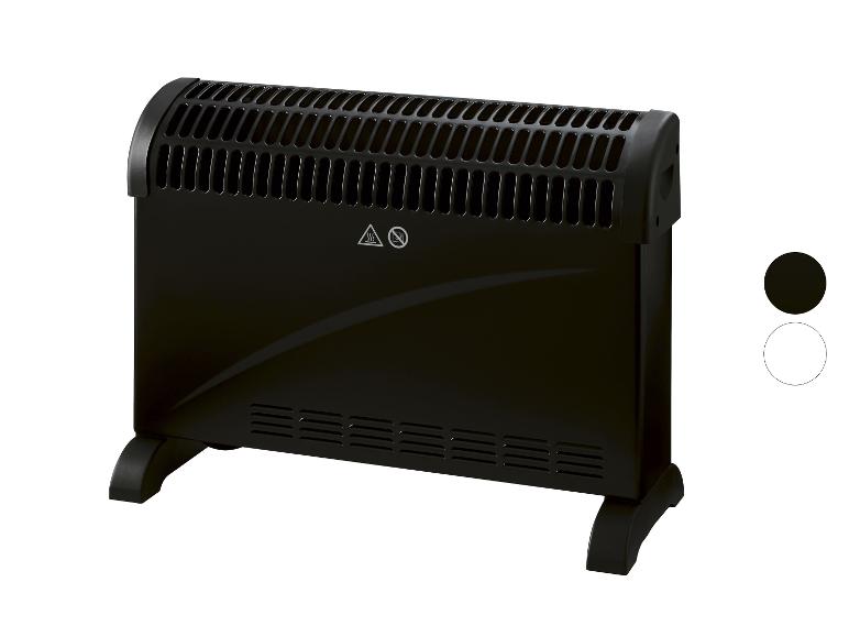 Zwarte elektrische convectorradiator met waarschuwingssymbolen en kleurkeuzes.