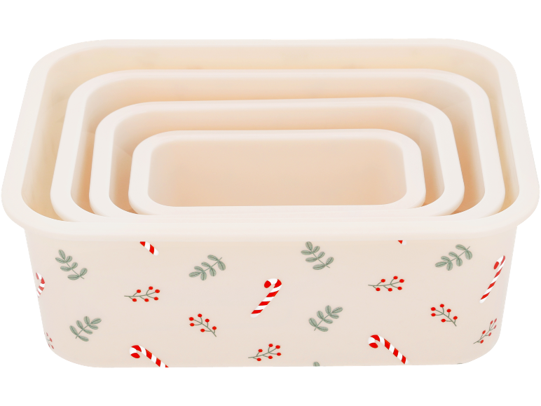 Set in elkaar passende opbergdozen met kerstpatroon van zuurstokken en hulst.