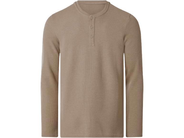 Beige Henley shirt met lange mouwen van wafelstof voor heren