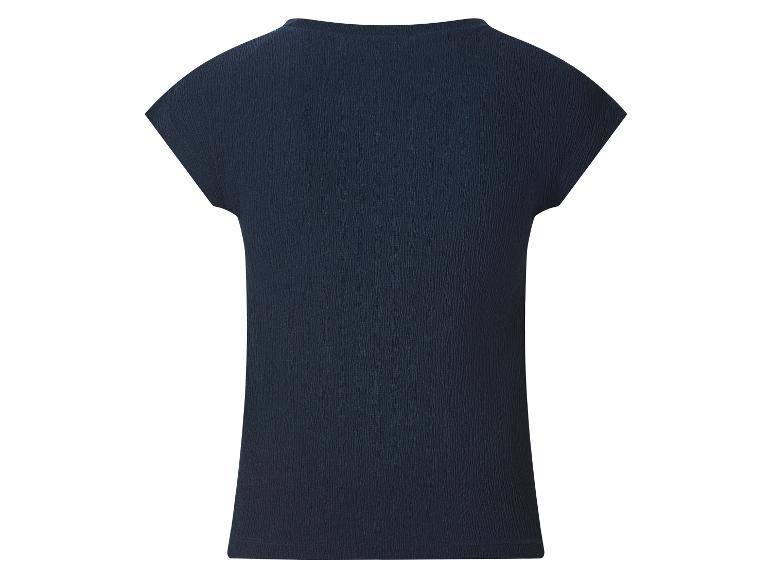 Donkerblauwe dames top met korte mouwen en gestructureerde stof, achterkant