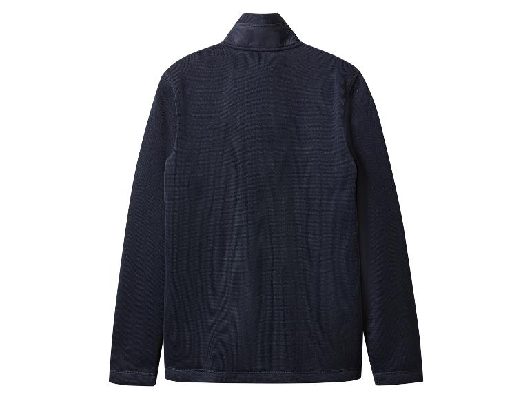 Donkerblauwe trui met lange mouwen en rits, achteraanzicht.