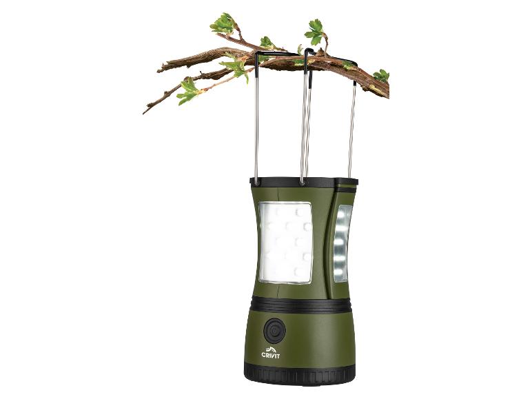 Groene campinglamp hangt aan een tak met jonge bladeren.