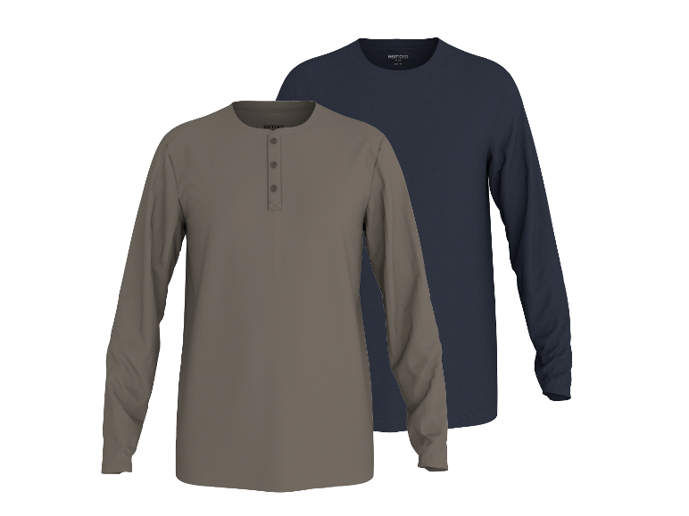 Twee heren longsleeves, één grijs met knoopsluiting en één marineblauw.