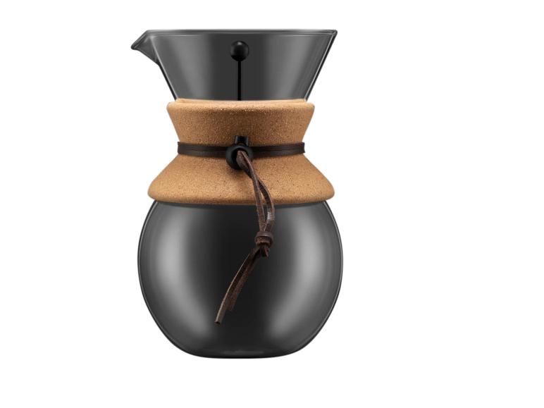 Glazen koffiekan met kurken band en leren riempje.