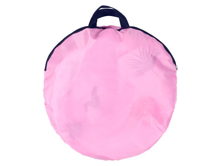 Ronde roze strandtas met blauwe handvatten en rits