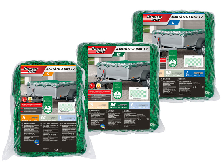 Drie Ultimate Speed ​​aanhangwagennetten in verschillende maten: S, M en L.