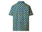 Blauw overhemd met korte mouwen, versierd met gele cirkels en een wit rasterpatroon.