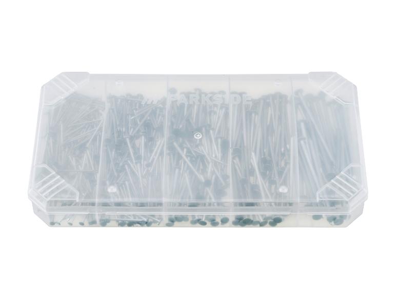 Transparante plastic doos gevuld met rondkopnagels.