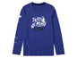 Een blauwe longsleeve met skateboard print en de tekst 'Skate of Mind'.