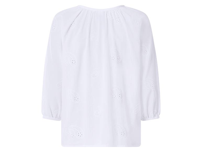 Witte blouse met lange mouwen en geborduurde paisley-patronen, achterkant.