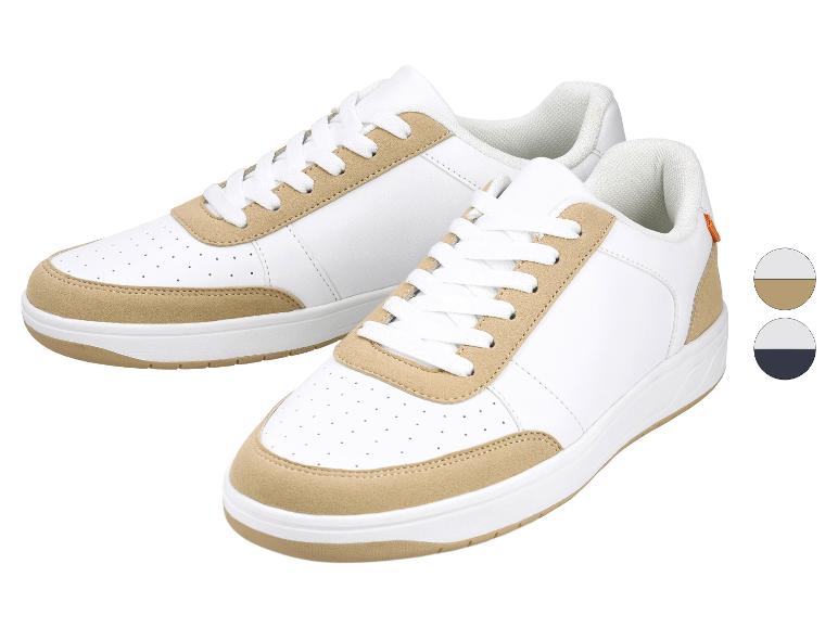 Witte sneakers met beige details en veters, met kleurstalen voor beige en donkerblauw.