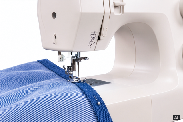 Close-up van de naaimaschinenaald die dikke blauwe jeansstof naait
