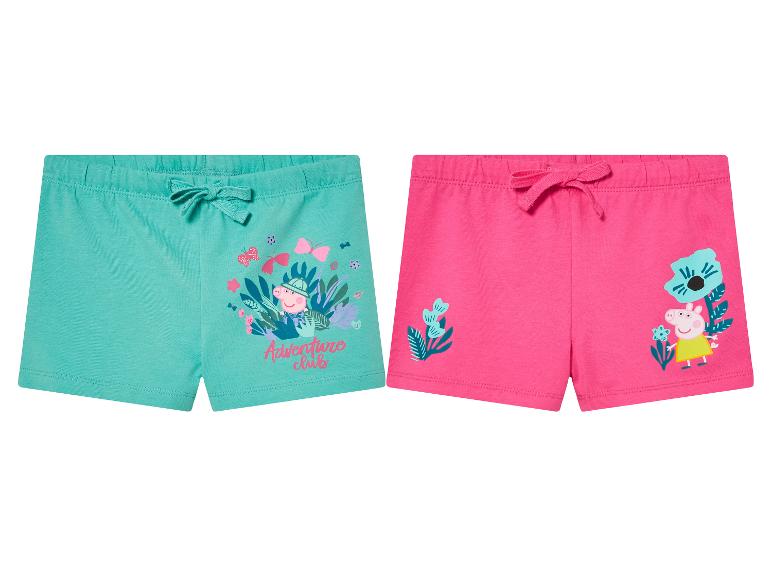 Twee kinder shorts met Peppa Pig print, turquoise en roze.