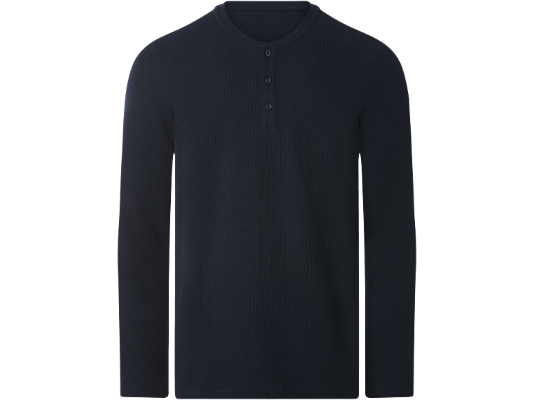 Donkerblauw Henley-shirt met lange mouwen voor heren, wafelstructuur en drie knopen.
