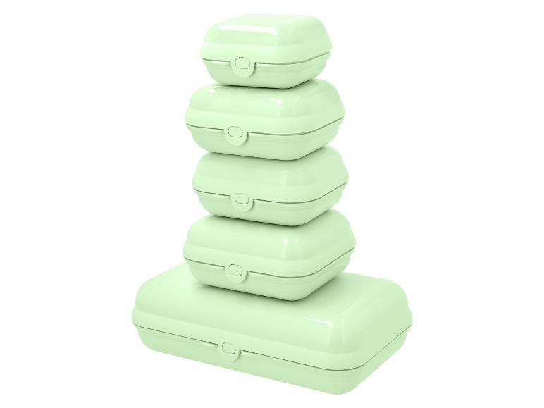 Stapel groene lunchboxen van verschillende formaten op een witte achtergrond.