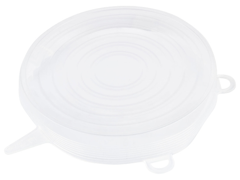 Een set witte siliconen deksels voor voedsel.