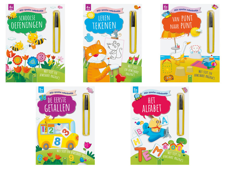 Vier oefenboekjes met stift: Schoolse oefeningen, Leren tekenen, Van punt naar punt en Het alfabet.