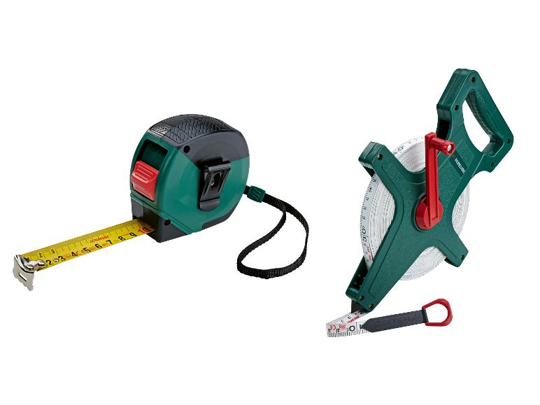 Twee meetlinten: een 10m rolmaat en een 50m bandmaat voor nauwkeurige metingen.