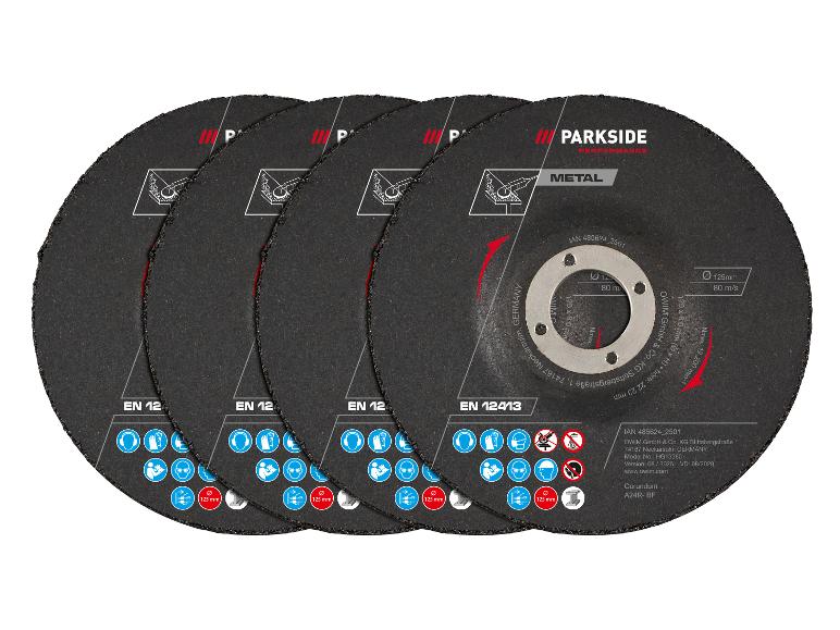 Vier zwarte metaalslijpschijven met witte en rode details.