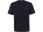 Achterkant van een donkerblauw heren T-shirt met korte mouwen.