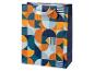 Cadeautas met geometrisch patroon in oranje, marineblauw en lichtblauwe tinten.