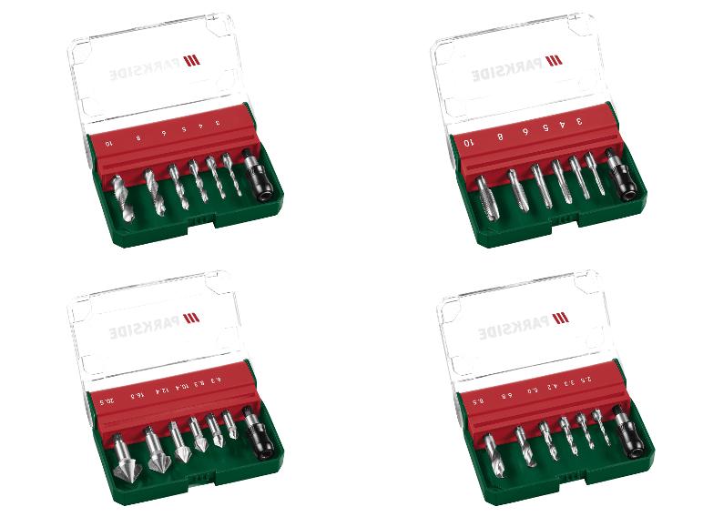 Parkside boor- en schroefbitsets in transparante koffers.