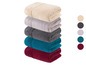 Stapel badhanddoeken in beige, grijs, donkergrijs, turquoise en wijnrood.