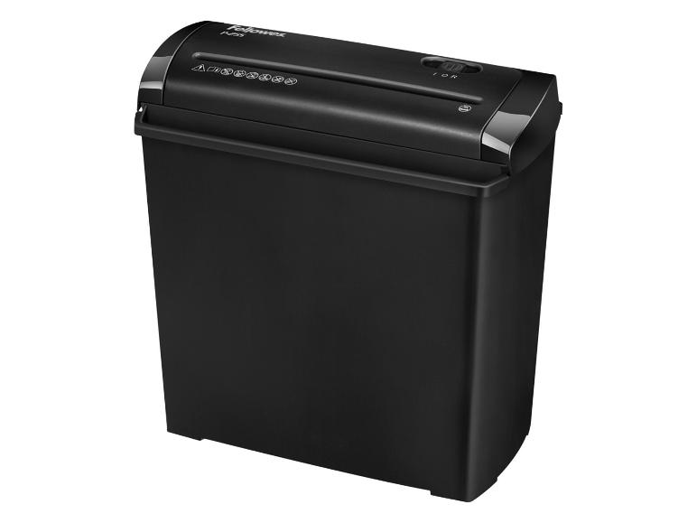 Zwarte Fellowes P-25S papiervernietiger met een transparant deksel en bedieningselementen.