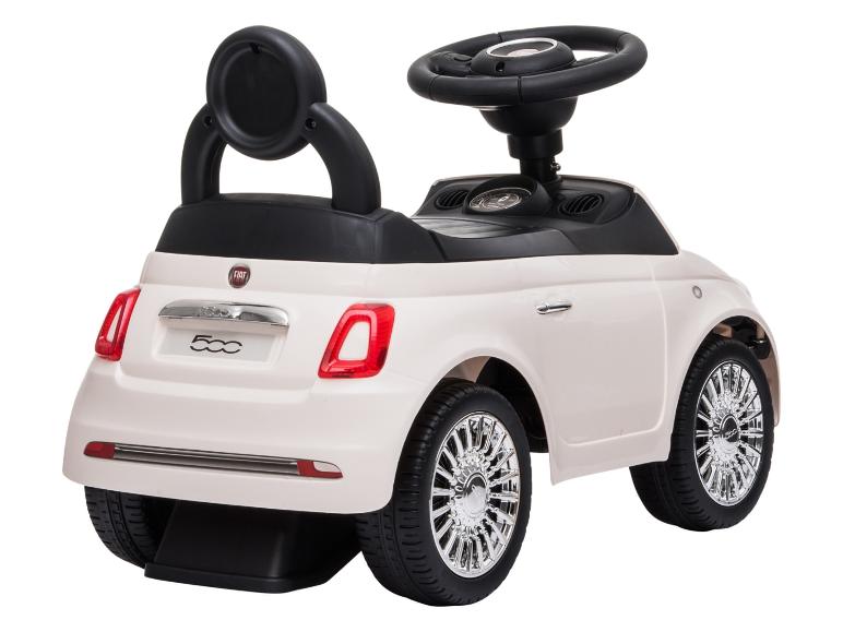 Witte kinderloopauto met zwart stuur en rugleuning, van achteren gezien.
