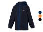 Kinderjas met capuchon, verkrijgbaar in donkerblauw, oranje en zwart.