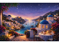 Illustratie van een romantisch diner op een terras in Santorini onder een sterrenhemel.