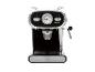 Zwart en zilveren espressomachine met manometer en stoompijpje.