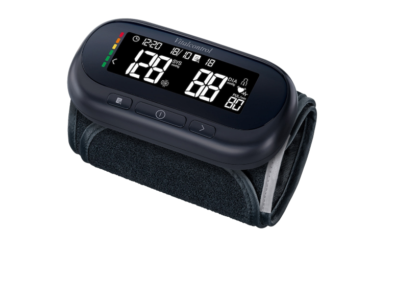 Digitale polsbloeddrukmeter met zwart display en manchet.