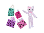 Pluche kattenpop in lila pak met verrassingsaccessoires in zakjes.