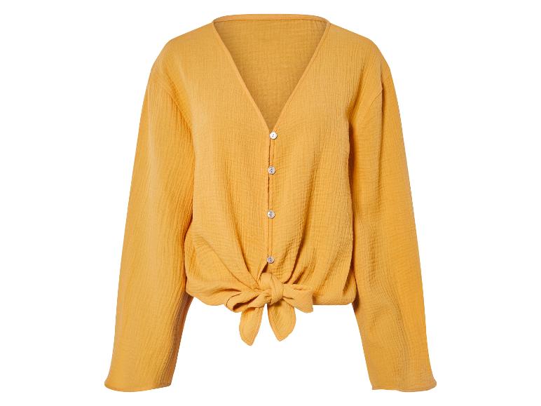 Mosterdgele blouse met knopen, geknoopt, lange mouwen.