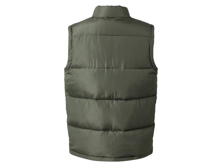 Achterkant van een olijfgroene heren bodywarmer.