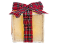 Cadeauverpakking met rood geruite strik en lint, op zwarte achtergrond.