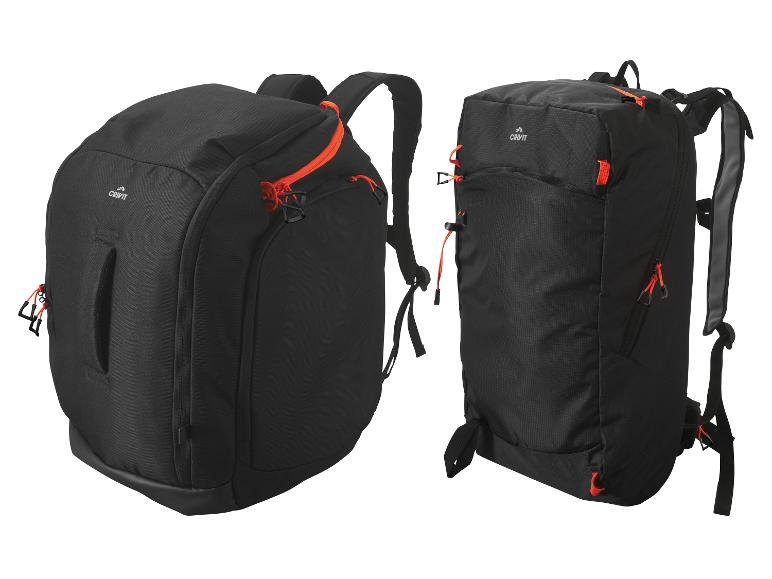 Twee zwarte Crivit rugzakken, één liggend op zijn zij en de andere rechtop.