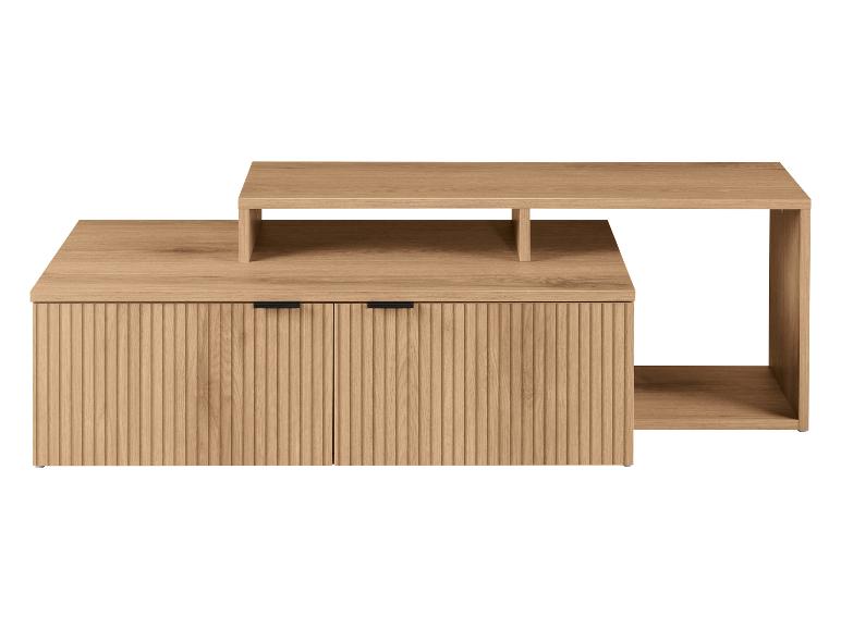 Lichte houten salontafel met geribbelde deuren en open planken.