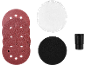Assortiment schuurschijven, polijstpads en een zwarte adapter.