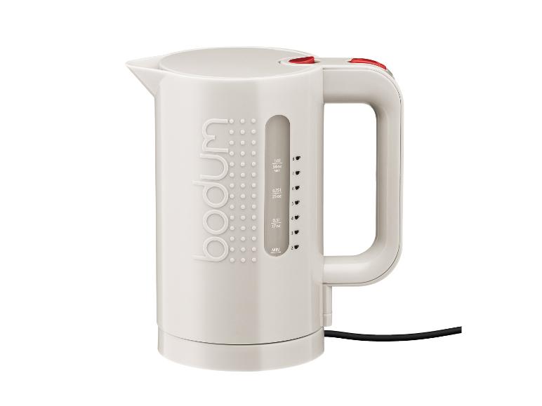 Witte Bodum waterkoker met rode knoppen en waterniveau-indicator
