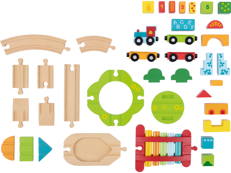 Houten speelgoedset met treinrails, trein, blokken en xylofoon.