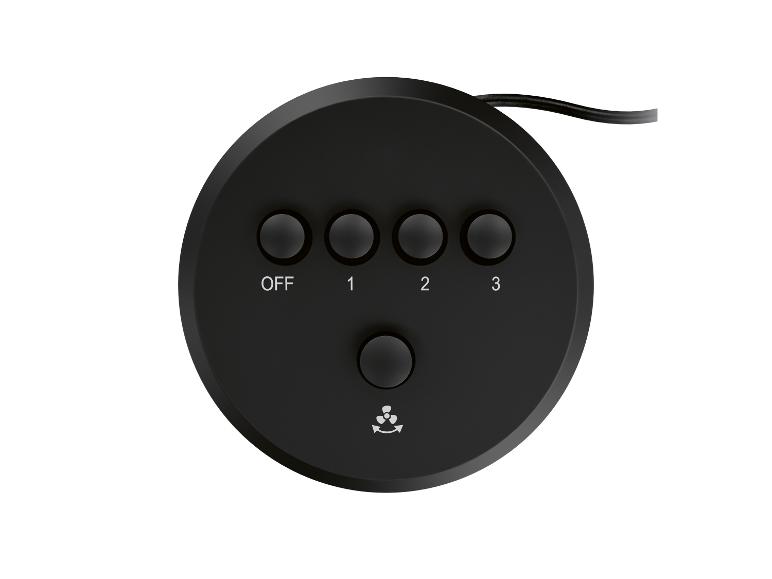 Zwarte ventilatorcontroller met aan/uit knoppen en niveaus 1 t/m 3.
