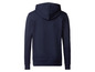 Een donkerblauwe hoodie met capuchon.